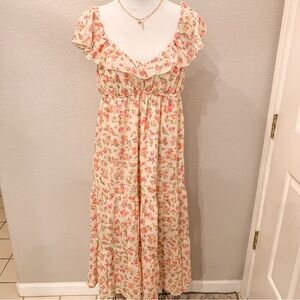 Blush Floral Maxi Dress Tiered Empire Waist Cottage Romantic Medium